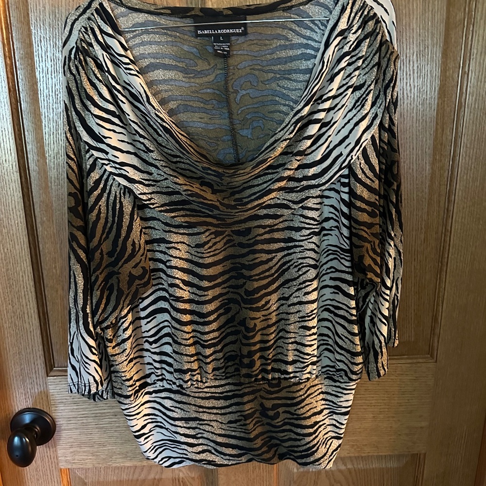Isabella Rodriguez Animal Print Cowl Neck Blouse.  3/4 Sleeve.  Size Large.